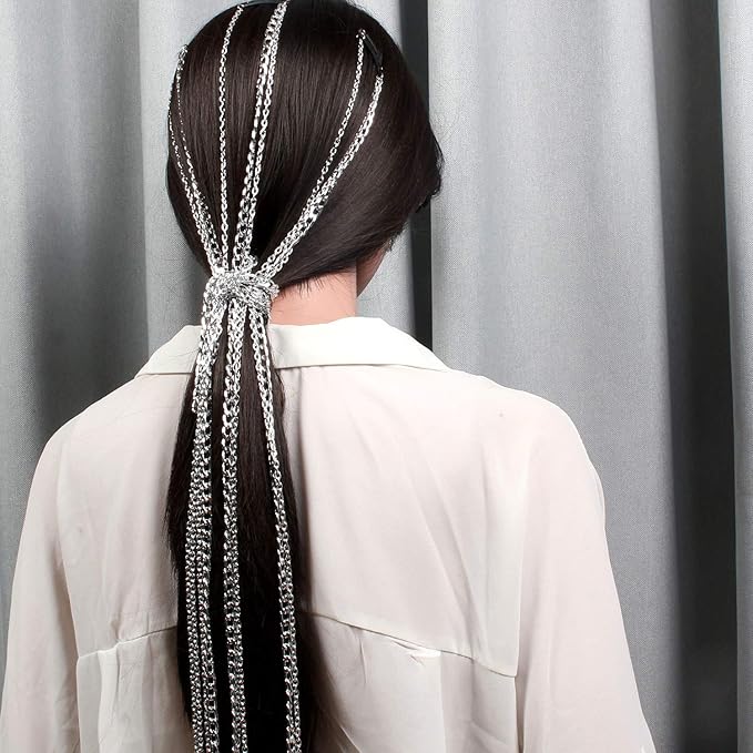 4PCS Dreadlocks Metal Tassel Ponytail Multi-Strand Hair Chain Prom Party Concave styling hair accessories hair extension chain with clip for girls and women (silver)