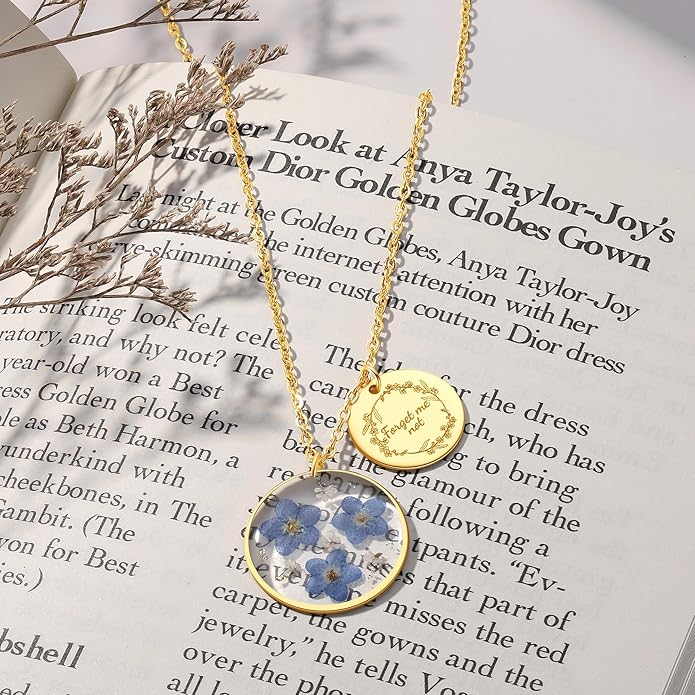 Forget-Me-Not and Queen Anne's Lace Pressed Wildflower Necklace | Birth Month Real Flower Necklace | Gold/Silver Pressed Flower Jewelry | Personalized Handmade Jewelry