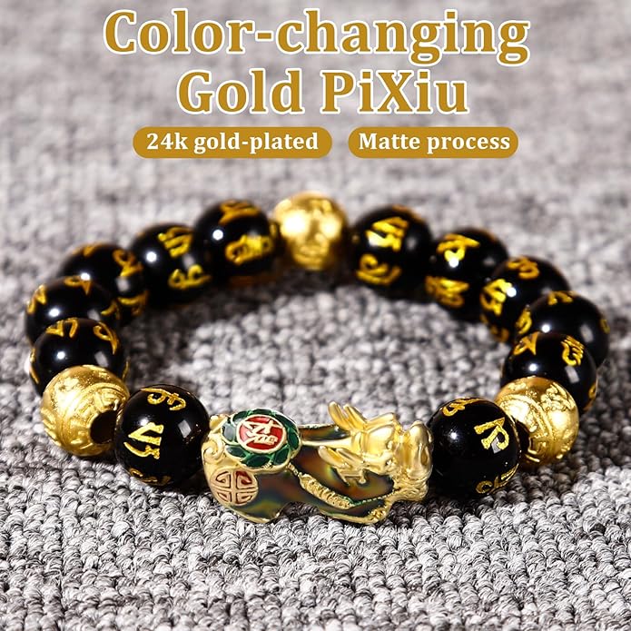Feng Shui Bracelet Obsidian Bracelet, 24k Gold Plated PiXiu Dragon Protection for Men Women, 12mm Mantra Prayer Beads Bracelets Meditation Decompression Meaning to Attract Wealth, Good Luck