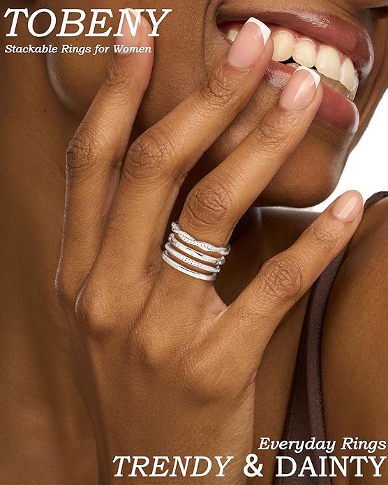 TOBENY Stackable Silver Gold Rings for Women Non Tarnish 14K Gold Plated Cubic Zirconia Ring Set Trendy Dainty Engagement Wedding Bands Thumb Rings Stacking Promise Statement Rings Jewelry Size 6-10