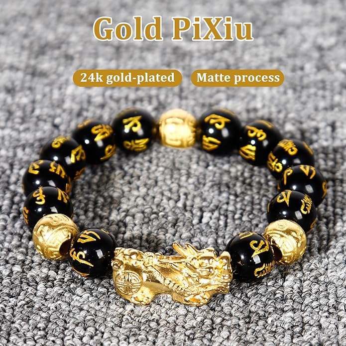 Feng Shui Bracelet Obsidian Bracelet, 24k Gold Plated PiXiu Dragon Protection for Men Women, 12mm Mantra Prayer Beads Bracelets Meditation Decompression Meaning to Attract Wealth, Good Luck