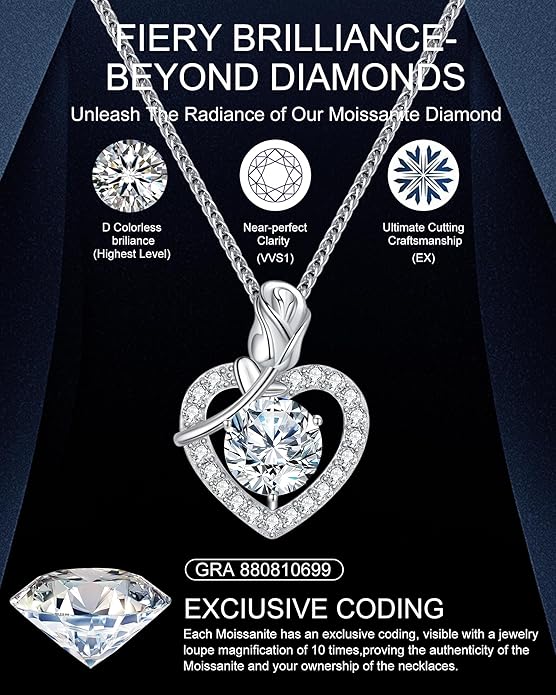 Rose Heart Pendant Necklace Gifts for Wife, 2-4 Carat Moissanite Heart Necklace Engraved with 'I LOVE YOU', Ideal Anniversary Present or Birthday Jewelry Gifts for Mom Wife Her Girlfriend