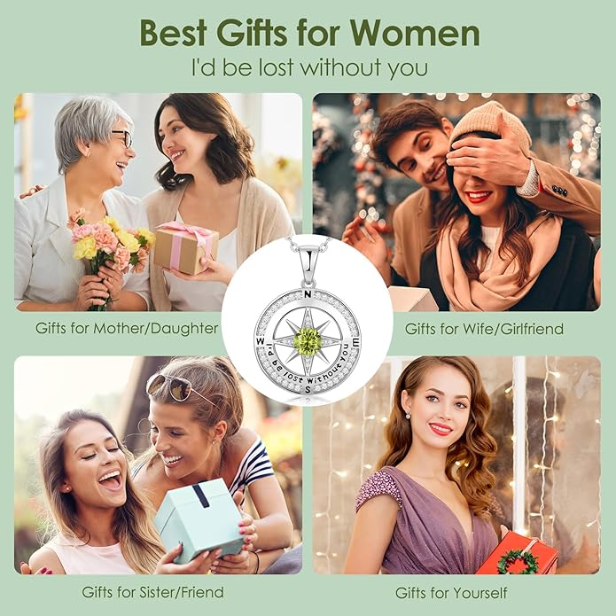 Compass Necklace Gifts for Women wife - S925 Sterling Silver Birthstone Necklaces for Women - Anniversary Birthday Gifts for Her Wife Girlfriend - Valentines Mom Mothers Day Christmas Gifts Jewelry for Women