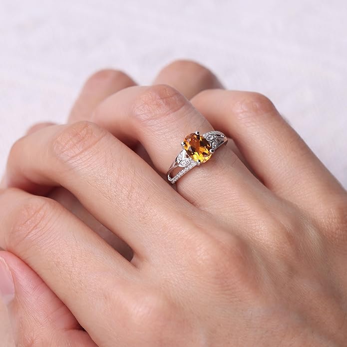 925 Sterling Silver Oval Shaped 8X6 MM Gemstone Ring Leaf Engagement Ring for Women Jewelry