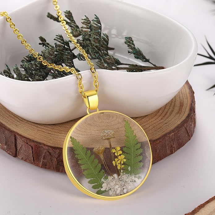 Forget-Me-Not and Queen Anne's Lace Pressed Wildflower Necklace | Birth Month Real Flower Necklace | Gold/Silver Pressed Flower Jewelry | Personalized Handmade Jewelry