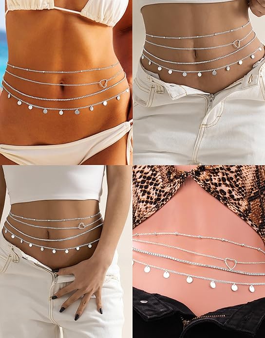 Tornito 8Pcs Waist Belly Chain 18K Gold Plated CZ Heart Pearl Snake Bead Sequin Paperclip Belly Chain Summer Beach Sexy Body Chains Jewelry Accessories for Women Adjustable