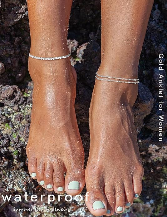 RLMOON Gold Anklets for Women CZ Ankle Bracelet 14K Gold Plated Waterproof Dainty Layered Tennis Heart Dot Chain Silver Clover Anklet Trendy Foot Jewelry