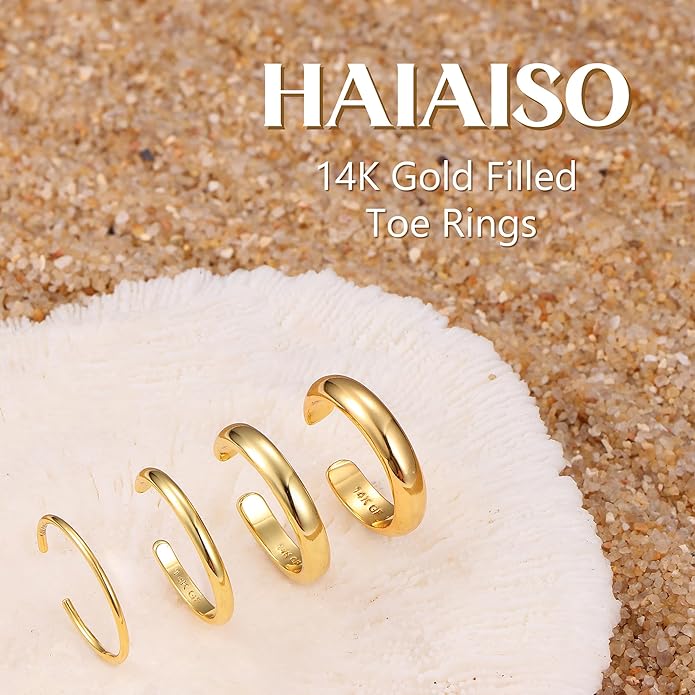 HAIAISO 14k Gold Filled Toe Rings Adjustable Toe Ring for Women Thin Toe Rings Open Band Toe Ring Summer Beach Foot Jewelry Set