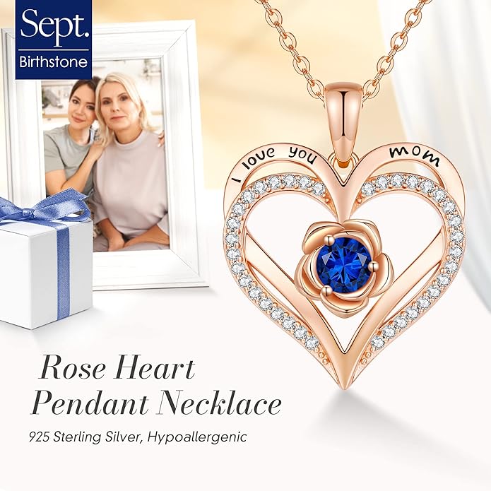 CDE S925 Silver Rose Gold Heart Birthstone Necklaces for Women，Ideal Anniversary or Birthday Jewelry Gifts for Wife Girlfriend Her
