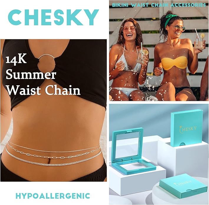 CHESKY Gold Waist Chain for Women, 14K Gold Plated Silver Layered Belly Belt Chains Sexy Bikini Beach Waist Beads Chain Waterproof Snake Pearl Cuban Body Chain Summer Jewelry Accessories for Women