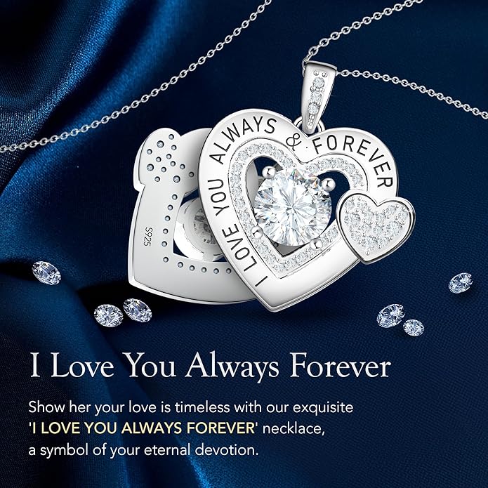 Diamond Moissanite Necklace for Women, 925 Sterling Silver Fine Necklace, Double Heart Necklace, Anniversary Present for Women, Jewelry Gift for Wife Girlfriend Mom