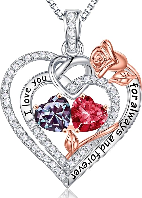 Iefil Rose Heart Necklace Gifts for Wife Women - 925 Sterling Silver Double Birthstone Necklace, Anniversary Birthday Gifts for Women, Jewelry Gift for Wife Girlfriend Mom Her