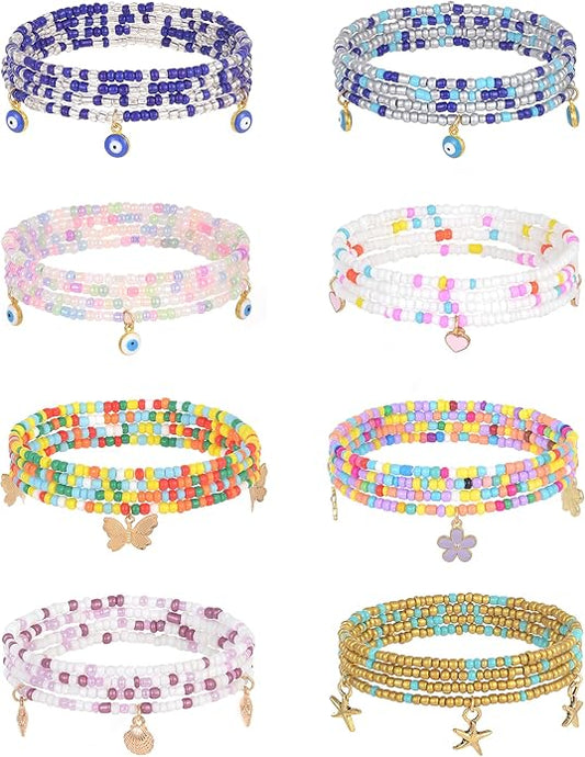 Tornito 8Pcs 31.5 Inches African Waist Bead Chain Elastic Belly Beads Butterfly Shell Layered Body Chain Colorful Jewelry Accessories for Women