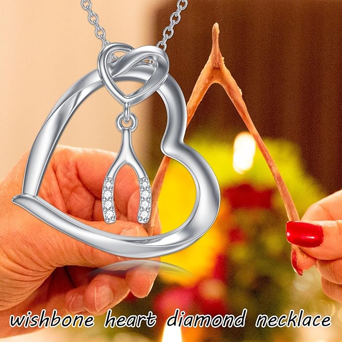 Diamond Heart Wishbone Necklace with Puffed Heart Charm 925 Sterling Silver Wishbone Heart Pendant for Women Jewelry Gifts for Mom