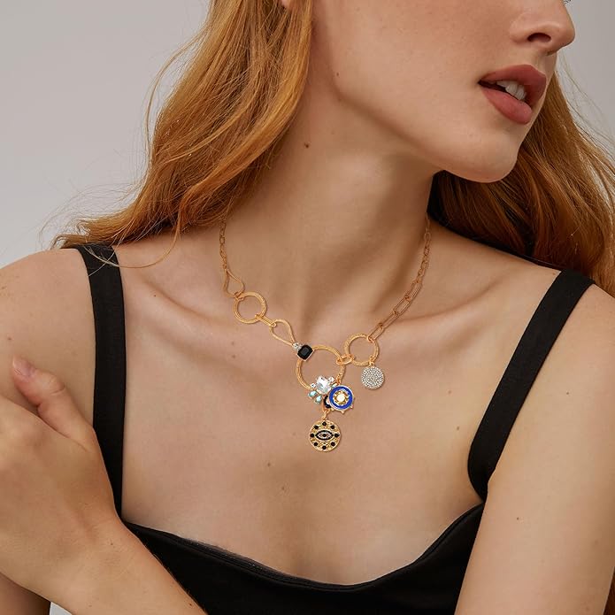 Charm Necklace for Women Gold Evil Eye Sun Moon Flower Coin Pendant Necklace Dainty Paperclip Chain Vintage Luck Amulet Choker Necklaces Celestial Jewelry Gift