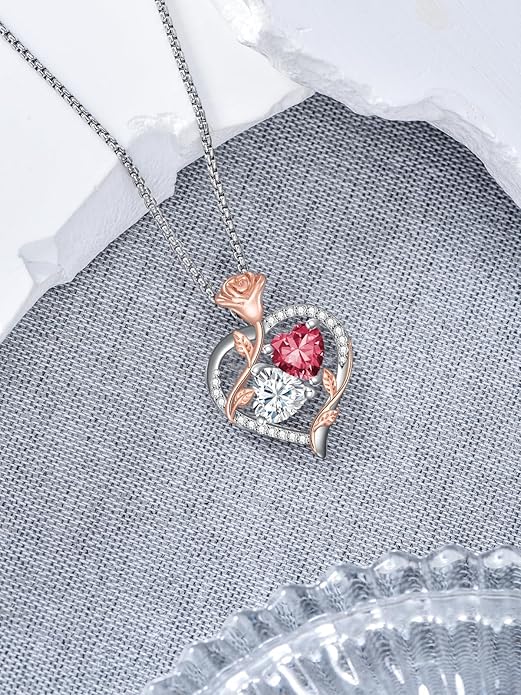 Jewelry for Her Double Heart Rose Birthstone Pendant Necklace Anniversary Jewelry Christmas Birthday Gifts for Women Wife Girlfriend