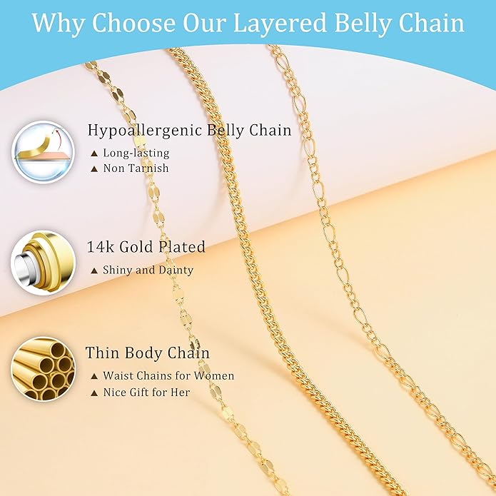 CHESKY Gold Waist Chain for Women, 14K Gold Plated Silver Layered Belly Belt Chains Sexy Bikini Beach Waist Beads Chain Waterproof Snake Pearl Cuban Body Chain Summer Jewelry Accessories for Women