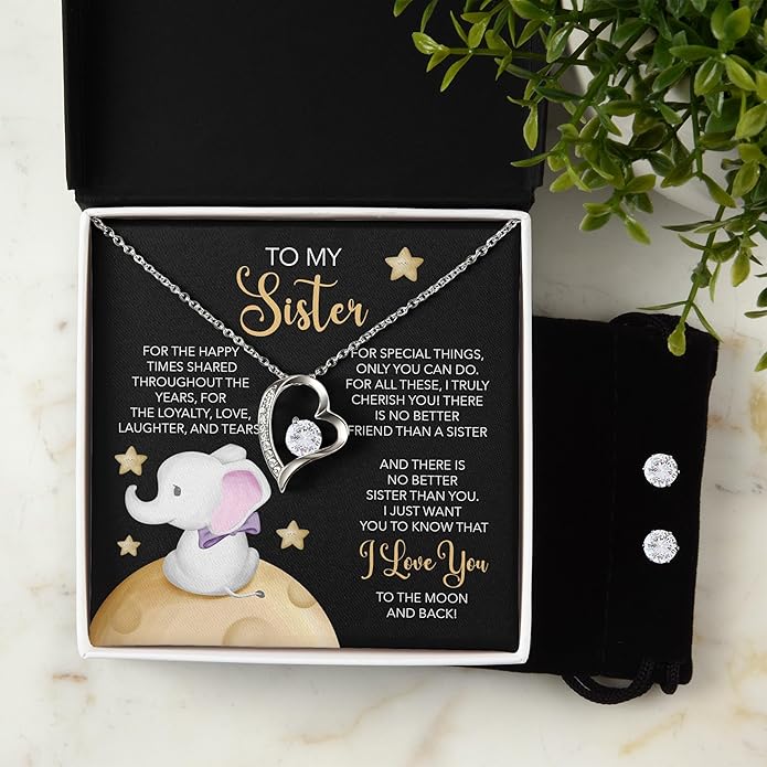 (USA-Assembled) To Sister Gift - Heart Necklace and Earring Set for Women Her Jewelry - Birthday Christmas Graduation College Female Black Box (id174)