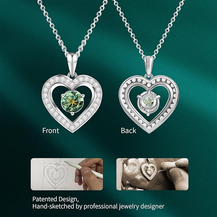 Full Moissanite Heart Necklace - No CZ! 2ct Vibrant Birthstone & 30 White Gems | 12 Month Gifts for Wife, Mom, Her | Anniversary, Valentine's Day, Mother's Day Jewelry