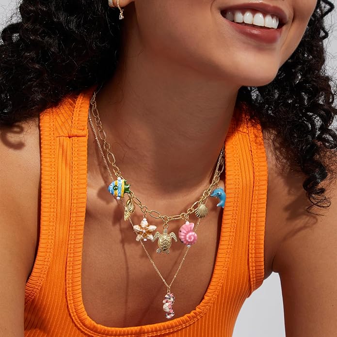 KissYan Charm Necklace for Women, 14K Gold Plated Heart Starfish Sun Pendant Fashion Link Chain Boho Summer Beach Jewelry Gifts