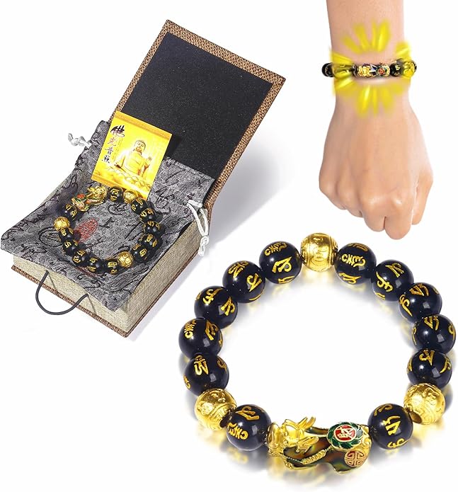 Feng Shui Bracelet Obsidian Bracelet, 24k Gold Plated PiXiu Dragon Protection for Men Women, 12mm Mantra Prayer Beads Bracelets Meditation Decompression Meaning to Attract Wealth, Good Luck