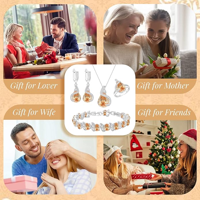 GZWHD Jewelry Set for Women Water Drop Cubic Zirconia Artificial Crystal Earrings Pendant Necklace Open Ring Tennis Bracelet Wedding Anniversary Birthday Engagement Gift for Bridesmaid Wife Girlfriend Friend