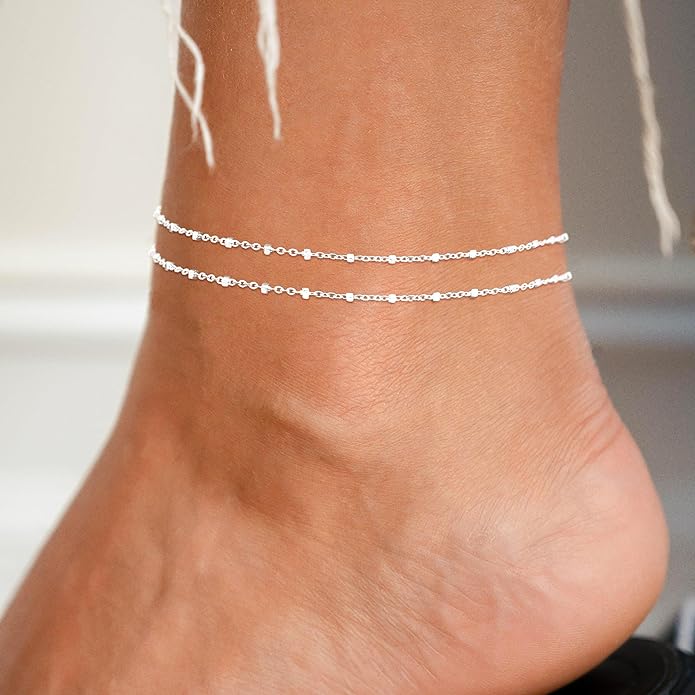Ankle Bracelets for Women 14K Real Gold Silver Plated Ankle Bracelets Waterproof Heart Beads Rope Satellite Anklets Set Adjustable Layered Anklet Bracelets No Tarnish Summer Beach Jewelry Gift