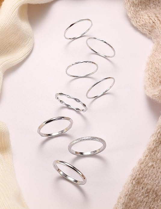 YADOCA 8Pcs 1MM 2MM Stainless Steel Rings for Women Men Minimalist Fashion Dainty Plain Thin Knuckle Stacking Midi Thumb Rings Stackable Statement Band Rings Set Silver Gold Tone Size 4-12