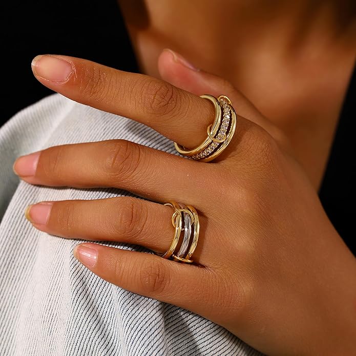 14K Gold Plated Interlocked Stackable Rings for Women Non Tarnish,Gold and Silver Cubic Zirconia Statement Rings Set,Mixed Metals Ring Two-Toned Connected Bands Stacking Jewelry
