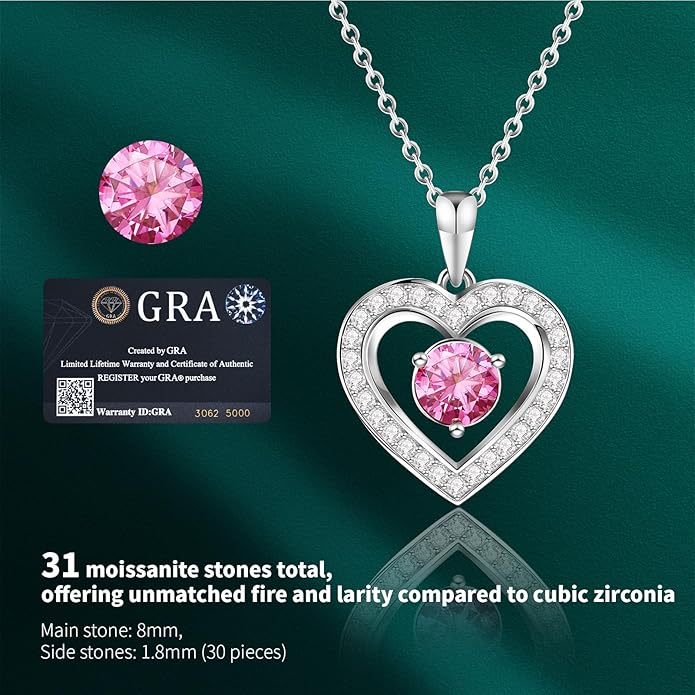 Full Moissanite Heart Necklace - No CZ! 2ct Vibrant Birthstone & 30 White Gems | 12 Month Gifts for Wife, Mom, Her | Anniversary, Valentine's Day, Mother's Day Jewelry