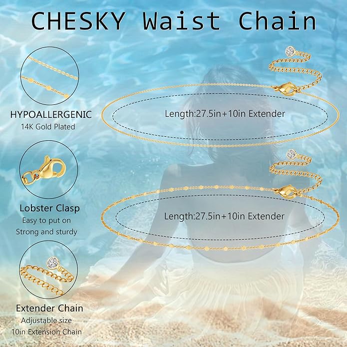 CHESKY Gold Waist Chain for Women, 14K Gold Plated Silver Layered Belly Belt Chains Sexy Bikini Beach Waist Beads Chain Waterproof Snake Pearl Cuban Body Chain Summer Jewelry Accessories for Women