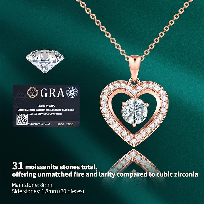 Full Moissanite Heart Necklace - No CZ! 2ct Vibrant Birthstone & 30 White Gems | 12 Month Gifts for Wife, Mom, Her | Anniversary, Valentine's Day, Mother's Day Jewelry