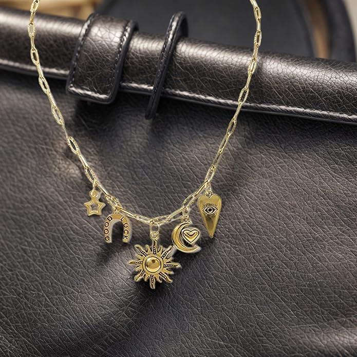 Chunky Retro Heart Necklace for Women Antique Layer Beach Ocean Moon Stars Western Boho Charm Necklaces Retro Link Chain Jewelry
