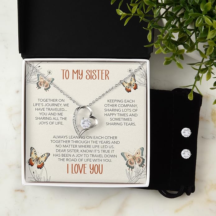 (USA-Assembled) To Sister Gift - Heart Necklace and Earring Set for Women Her Jewelry - Birthday Christmas Graduation College Female Black Box (id187)