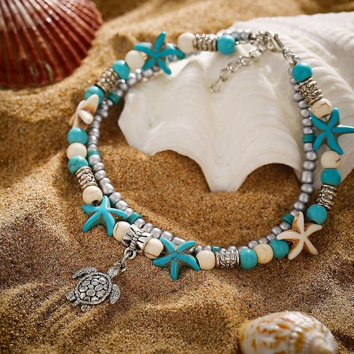 Starain Blue Turtle Anklets for Women Multilayer Beads Handmade Beach Ankle Bracelet Set Boho Foot Jewelry