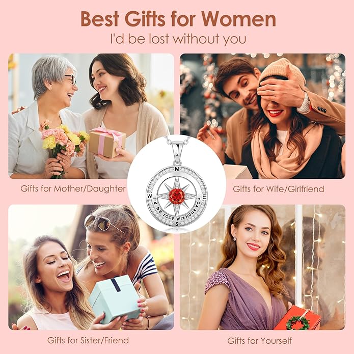 Compass Necklace Gifts for Women wife - S925 Sterling Silver Birthstone Necklaces for Women - Anniversary Birthday Gifts for Her Wife Girlfriend - Valentines Mom Mothers Day Christmas Gifts Jewelry for Women