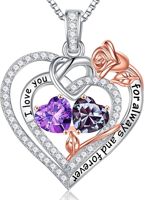 Iefil Rose Heart Necklace Gifts for Wife Women - 925 Sterling Silver Double Birthstone Necklace, Anniversary Birthday Gifts for Women, Jewelry Gift for Wife Girlfriend Mom Her