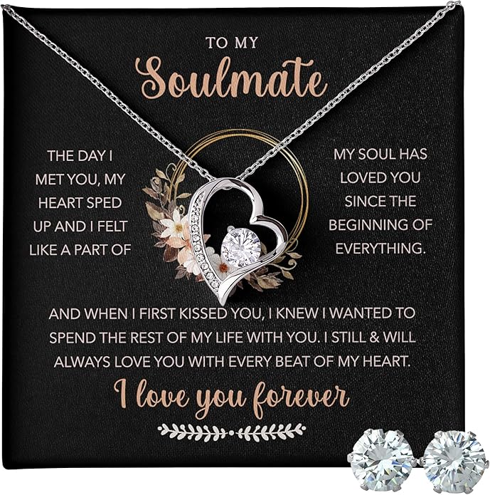 (USA-Assembled) To My Soulmate Gift - Womens Heart Necklace and Earring Set for Her Jewelry - Wedding Anniversary Valentines Day Birthday Engagement Christams Black Box (id172)