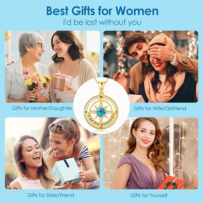 Compass Necklace Gifts for Women wife - S925 Sterling Silver Birthstone Necklaces for Women - Anniversary Birthday Gifts for Her Wife Girlfriend - Valentines Mom Mothers Day Christmas Gifts Jewelry for Women