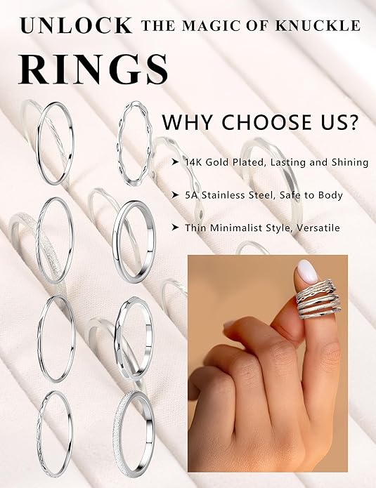 YADOCA 8Pcs 1MM 2MM Stainless Steel Rings for Women Men Minimalist Fashion Dainty Plain Thin Knuckle Stacking Midi Thumb Rings Stackable Statement Band Rings Set Silver Gold Tone Size 4-12