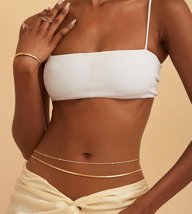 CHESKY Gold Waist Chain for Women, 14K Gold Plated Silver Layered Belly Belt Chains Sexy Bikini Beach Waist Beads Chain Waterproof Snake Pearl Cuban Body Chain Summer Jewelry Accessories for Women