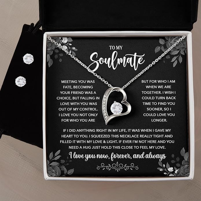 (USA-Assembled) To My Soulmate Gift - Womens Heart Necklace and Earring Set for Her Jewelry - Wedding Anniversary Valentines Day Birthday Engagement Christams Black Box (id164)