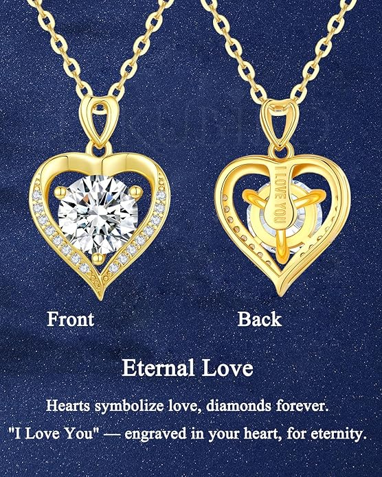 Moissanite Heart Pendant Necklace for Women,1-2 Carat Necklace Engraved with 'I LOVE YOU,18K Gold Plated Sterling Silver Pendant Jewelry Anniversary Birthday Gifts for Girlfriend Wife Mom