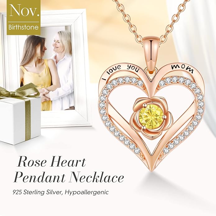CDE S925 Silver Rose Gold Heart Birthstone Necklaces for Women，Ideal Anniversary or Birthday Jewelry Gifts for Wife Girlfriend Her