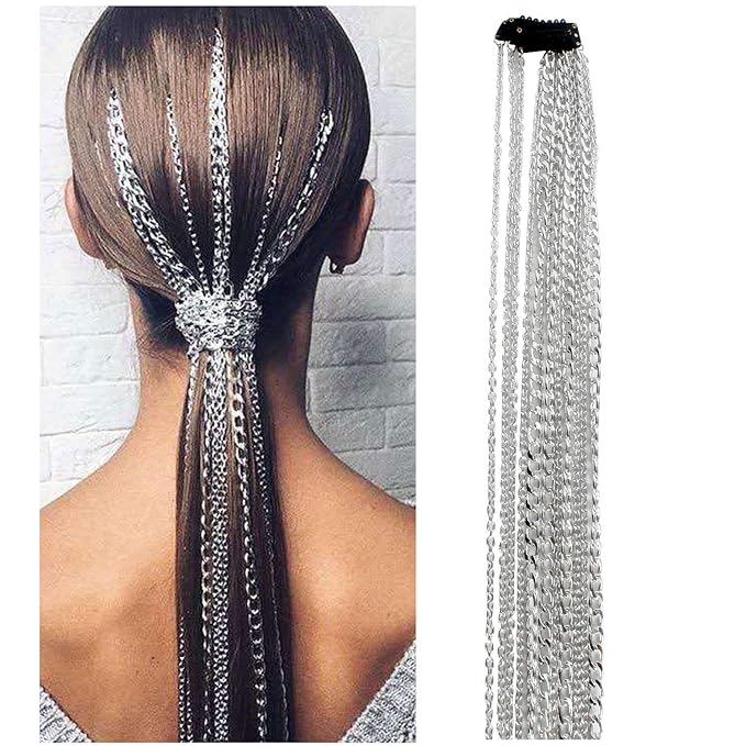4PCS Dreadlocks Metal Tassel Ponytail Multi-Strand Hair Chain Prom Party Concave styling hair accessories hair extension chain with clip for girls and women (silver)
