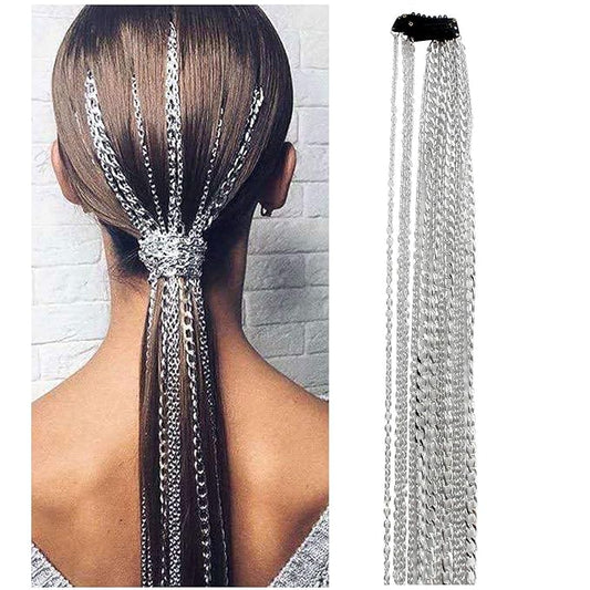4PCS Dreadlocks Metal Tassel Ponytail Multi-Strand Hair Chain Prom Party Concave styling hair accessories hair extension chain with clip for girls and women (silver)