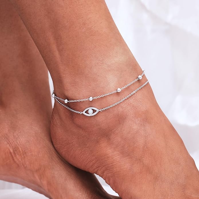 CHIC & ARTSY Womens Sterling Silver Created Opal Layered Anklet Bracelet Dainty Beaded Chain Adjustable 11" Best Friend Anklet