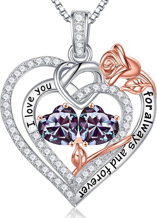 Iefil Rose Heart Necklace Gifts for Wife Women - 925 Sterling Silver Double Birthstone Necklace, Anniversary Birthday Gifts for Women, Jewelry Gift for Wife Girlfriend Mom Her