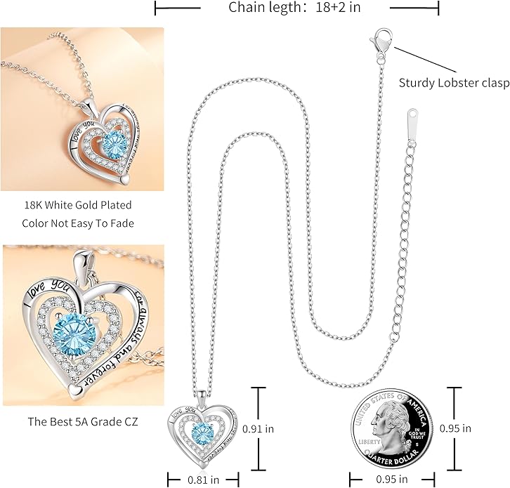 Heart Necklace, I Love You Always & Forever, Birthstone Cubic Zirconia Pendant, Gift for Women