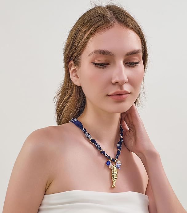 CLASSYZINT Gold Fish Necklace Blue Bead Necklace Boho Ocean Necklace Summer Jewelry for Women